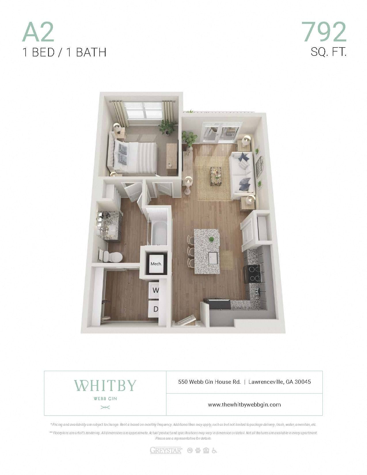Floor plan for 1 bed, 1 bath, 792 sqft